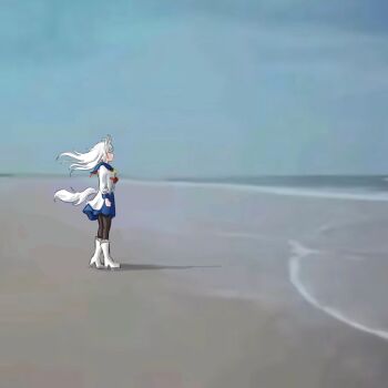 1girl animal_ears beach black_pantyhose blue_skirt blue_sky boots commentary drixonfire english_commentary floating_hair from_side highres horse_ears horse_girl horse_tail jacket long_hair man_(meme) meme miniskirt ocean oguri_cap_(starlight_beat)_(umamusume) oguri_cap_(umamusume) outdoors pantyhose photo_background skirt sky solo standing tail umamusume white_boots white_hair white_jacket