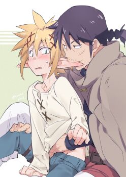 2boys belt biting biting_ear black_hair blonde_hair blue_pants blush brown_belt dasshu_(dashi_now) facial_hair goatee_stubble grey_cloak hair_between_eyes ishuzoku_reviewers long_hair long_sleeves male_focus multiple_boys mustache_stubble open_mouth pants pointy_ears scar scar_on_face shirt stubble stunk white_shirt yaoi zel_(ishuzoku_reviewers)