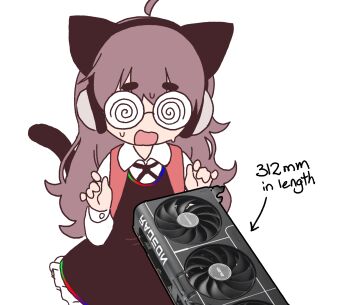 1girl animal_ears brown_hair cat_ears cat_tail coke-bottle_glasses dress fake_animal_ears glasses graphics_card highres long_hair long_sleeves open_mouth orenjipiiru original simple_background sketch solo tail thick_eyebrows white_background