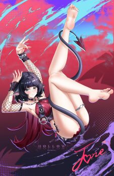 1girl abstract_background absurdres animal_ears armpits arms_up artist_name barefoot black_hair black_one-piece_swimsuit blue_eyes breast_curtains breasts character_name choker closed_mouth collarbone commentary english_commentary english_text feet fishnet_sleeves fishnets full_body highres hollow_mimikyu jane_doe_(nocturne_of_light)_(zenless_zone_zero) jane_doe_(zenless_zone_zero) large_breasts leather_leotard long_hair looking_at_viewer mouse_ears mouse_girl mouse_tail multicolored_hair nail_polish o-ring o-ring_choker o-ring_swimsuit official_alternate_costume one-piece_swimsuit red_hair red_nails red_one-piece_swimsuit sharp_tail smile soles solo swimsuit tail thigh_strap toenail_polish toenails toes two-tone_one-piece_swimsuit zenless_zone_zero