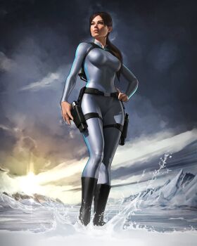 1girl absurdres alternate_costume black_boots bodysuit boots breasts brown_eyes brown_hair clip_studio_paint_(medium) dalejomej grey_bodysuit grey_sky highres holster lara_croft lara_croft:_tomb_raider_-_the_cradle_of_life long_hair medium_breasts outdoors photo-referenced signature sky solo standing tomb_raider water