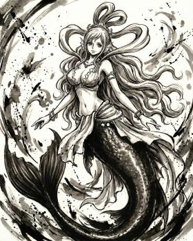 Rule 34 | 1girl, armlet, bracelet, brushbox2022, closed mouth, commentary request, crown, eyelashes, hagoromo, highres, jewelry, long hair, looking at viewer, mermaid, midriff, monster girl, navel, one piece, shawl, shirahoshi, sidelocks, smile, solo, splatter