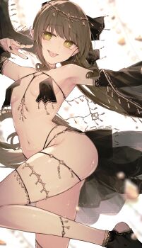 1girl absurdres breast_curtains breasts brown_hair circlet commission dancer detached_sleeves green_eyes heel-less_legwear highres jewelry long_hair looking_at_viewer nail_polish navel original pointy_ears reizouko revealing_clothes skeb_commission small_breasts solo tassel teeth thighs tongue tongue_out upper_teeth_only very_long_hair