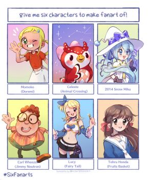 Rule 34 | 1boy, 5girls, animal crossing, asuka momoko, blonde hair, breasts, brown eyes, carl wheezer, celeste (animal crossing), cleavage, crossover, fairy tail, fruits basket, hatsune miku, highres, honda tohru, jimmy neutron (series), large breasts, long hair, looking at viewer, lucy heartfilia, multiple drawing challenge, multiple girls, nintendo, ojamajo doremi, open mouth, owl girl, six fanarts challenge, smile, solo, suki! yuki! maji magic (vocaloid), umino-mari, vocaloid, yuki miku, yuki miku (2014)