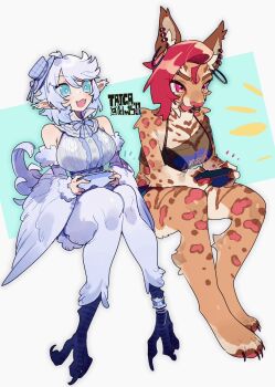 2girls animal_feet bird_legs bird_tail blue_background blue_dress blue_eyes blue_hair blue_wings body_fur breasts brown_fur cat_girl claws commentary commission controller digitigrade dress ear_piercing english_commentary feathered_wings fur-tipped_ears furry furry_female game_controller harpy highres holding holding_controller holding_game_controller large_breasts monster_girl multiple_girls original piercing pink_eyes pointy_ears red_hair sideways_hat sitting skeb_commission sleeveless sleeveless_dress taiga_(klm1511) tail talons winged_arms wings