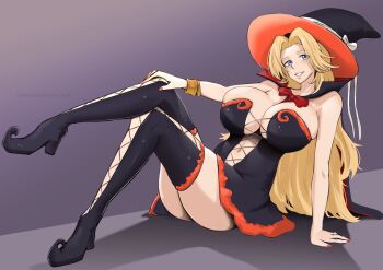 1girl bleach bleach:_brave_souls blonde_hair blue_eyes bracelet breasts cape center_opening cleavage halloween halloween_costume hat high_heels jewelry large_breasts long_hair looking_at_viewer matsumoto_rangiku nail_polish official_alternate_costume skirt smile solo thighhighs vialnite witch_hat
