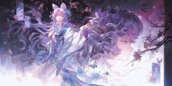 Rule 34 | 1girl, absurdres, animal ear fluff, animal ears, bird, blue eyes, blue flower, bug, butterfly, character request, commentary, copyright request, crying, flower, hair flower, hair ornament, highres, insect, long hair, looking at another, looking at viewer, multiple views, pink flower, pink hair, standing, tree, wangwanghan0723