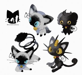 :3 alternate_color animal_collar arm_up bell blue_bow blue_eyes bow cat coin collar commentary curled_tail english_commentary espurr gen_1_pokemon gen_4_pokemon gen_6_pokemon glameow highres li04r lying meowth neck_bell nintendo no_humans on_stomach pokemon pokemon_(creature) pokemon_focus red_collar signature simple_background sprigatito white_background yellow_eyes