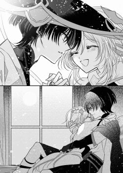 1boy 1girl arm_around_neck arm_cutout bare_shoulders belt blunt_ends bodysuit breasts cape choppy_bangs closed_eyes closed_mouth clothing_cutout corset couple covered_collarbone cross-laced_clothes cross-laced_corset curtains detached_sleeves eyelashes face-to-face facing_another feather_hair_ornament feathers furisode genshin_impact girl_on_top greyscale hair_ornament halterneck hand_in_another's_hair hand_on_another's_back happy hat hetero hhlxxm highres holding_hands hug indoors interlocked_fingers japanese_clothes jingasa kimono layered_sleeves leaning_back leg_warmers looking_at_another lumine_(genshin_impact) mandarin_collar medium_breasts middle_ring monochrome open_mouth parted_lips reclining rope sash scaramouche_(genshin_impact) scarf short_hair short_hair_with_long_locks short_sleeves shorts sidelocks sideways_mouth tearing_up tears tsurime wanderer_(genshin_impact) window