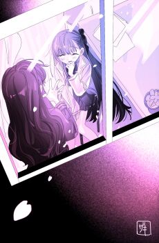 2girls artist_name asymmetrical_bangs blunt_bangs bow bowtie commentary_request falling_petals fate/extra fate/extra_ccc fate_(series) film_grain from_outside hair_ribbon hand_on_lap hand_on_own_chin hand_up highres kishinami_hakuno_(female) lab_coat lapels long_hair long_sleeves matou_sakura matou_sakura_(fate/extra) miniskirt monochrome multiple_girls notched_lapels open_hands open_mouth paper petals plant pleated_skirt potted_plant purple_theme ribbon school_uniform sitting skirt sksk_sn09 smile spread_fingers straight_hair table tsukumihara_academy_uniform_(fate/extra) very_long_hair window winter_uniform