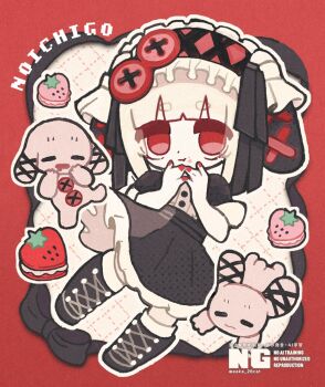 1girl animal_ears black_boots black_dress boots button_hair_ornament cake chibi chibi_only closed_mouth cotton_1186 dress food gothic_lolita hairband hand_to_own_mouth hands_up highres lolita_fashion lolita_hairband long_sleeves original rabbit rabbit_ears red_eyes red_nails