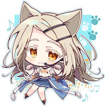1girl animal_ears blonde_hair blue_background blue_skirt blush cat_ears cat_girl cat_tail chibi chibi_only clothes_writing colored_eyelashes commentary_request detached_sleeves earrings flipped_hair gakuen_idolmaster gradient_hair grey_hair hair_ornament hairclip headset highres idolmaster jewelry kemonomimi_mode long_hair looking_at_viewer miniskirt misosiru_0224 multicolored_hair musical_note open_mouth orange_eyes orange_ribbon outline parallel_hairclips paw_print pleated_skirt ribbon shinosawa_hiro shirt short_sleeves showgirl_skirt skirt smile solo standing stud_earrings swept_bangs tail white_background white_outline white_shirt white_sleeves