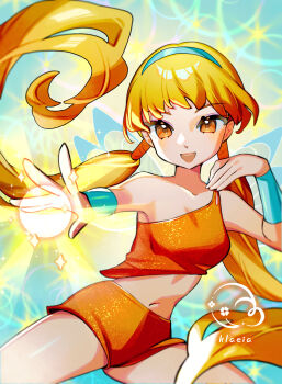 1girl blonde_hair blue_hairband blunt_bangs commentary cowboy_shot fairy floating_hair hair_tubes hairband highres klaeia open_mouth orange_eyes orange_shirt orange_skirt shirt single-shoulder_shirt skirt smile solo sparkle stella_(winx_club) twintails watermark wings winx_club