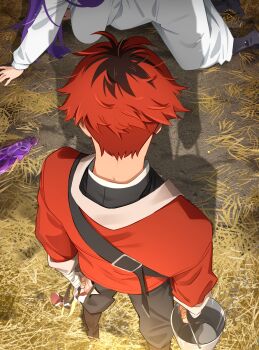 1boy 1girl absurdres akira_(manga) akira_movie_poster all_fours black_hair breasts brown_pants bucket clothes-dissolving_potion dress facing_another facing_away fern_(sousou_no_frieren) glass_bottle highres jacket khyle. large_breasts long_hair long_sleeves multicolored_hair pants potion purple_hair red_hair red_jacket short_hair sousou_no_frieren stark_(sousou_no_frieren) white_dress