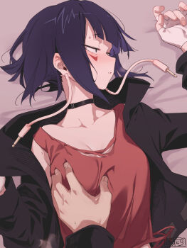 Rule 34 | 1boy, 1girl, asutora, audio jack, averting eyes, black jacket, blue hair, blush, boku no hero academia, breasts, collarbone, commentary request, facial mark, fingerless gloves, fingernails, gloves, grabbing another's breast, groping, half-closed eyes, hetero, highres, jacket, jiro kyoka, jitome, long earlobes, lying, medium breasts, on back, red shirt, shirt, short hair, sweat, turning head, upper body, w arms, white gloves