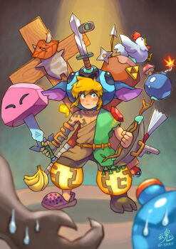 1boy archaic_set_(zelda) arrow_(projectile) artist_name banana bird blonde_hair blue_eyes blush blush_stickers bomb bunch_of_bananas cellphone character_hat chicken chuchu_(zelda) closed_eyes closed_mouth commentary crocs cross crucifix crucifixion cucco english_commentary explosive food fruit full_body fuse gameplay_mechanics gun hand_fan hat holding holding_stick holding_sword holding_weapon kirby kirby_(series) korok lilo_&amp;_stitch link lit_fuse male_focus mushroom nintendo open_mouth phone poke_ball poke_ball_(basic) pokemon rupee_(zelda) ry-spirit short_hair shuriken single_bare_shoulder standing stick stitch_(lilo_&amp;_stitch) stone_kirby sweat sword the_legend_of_zelda the_legend_of_zelda:_tears_of_the_kingdom triforce ultrahand_(the_legend_of_zelda) weapon