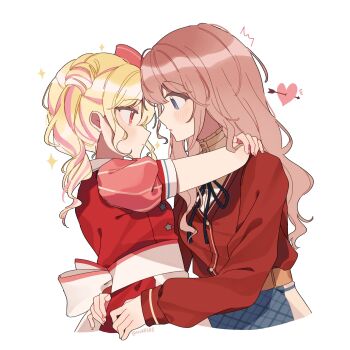 2girls arms_around_neck arrow_through_heart blonde_hair blue_eyes blush brown_hair closed_mouth commentary dress eye_contact hand_on_another&#039;s_waist hashtag-only_commentary highres looking_at_another mochizuki_honami multiple_girls parted_lips pink_streaks project_sekai red_dress red_eyes simple_background tenma_saki the_coconutnut twintails white_background yuri