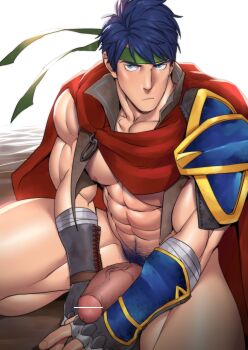 1boy abs absurdres armor bara bare_pectorals blue_eyes blue_hair cape censored fire_emblem fire_emblem:_radiant_dawn foreskin foreskin_pull green_headband headband highres ike_(fire_emblem) male_focus male_pubic_hair muscular muscular_male nintendo nipples pauldrons pectorals penis pointless_censoring pubic_hair red_cape short_hair shoulder_armor single_pauldron solo suyohara variant_set veins