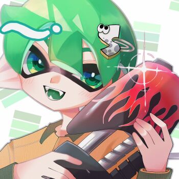 1boy commentary glint green_eyes green_hair gun highres holding holding_gun holding_weapon icebo_x_x inkling inkling_boy inkling_player_character male_focus nintendo open_mouth pointy_ears portrait range_blaster_(splatoon) short_hair smile solo splatoon_(series) splatoon_3 teeth tentacle_hair upper_body weapon white_background