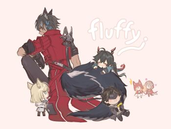 Rule 34 | 2boys, 4girls, :3, animal ears, arknights, arknights: endfield, bird ears, bird girl, black gloves, black hair, blue tail, blush, cape, chen qianyu (arknights), closed eyes, closed mouth, commentary, dragon girl, dragon horns, dragon tail, dress, eastern dragon horns, eastern dragon tail, endministrator (arknights), english commentary, english text, full body, fur-trimmed hood, fur trim, gloves, grey hair, hair between eyes, highres, hood, hood up, hooded cape, hooded coat, hooded jacket, horns, jacket, long hair, long sleeves, lumbbyz, male endministrator (arknights), mask, multiple boys, multiple girls, off shoulder, open clothes, open jacket, pantyhose, perlica (arknights), pink background, projekt red (arknights), red hood, red jacket, red tail, rossi (arknights), short hair, simple background, sleeveless, sleeveless dress, smile, standing, sweatdrop, tail, twintails, white jacket, wolf boy, wolf ears, wolf girl, wulfgard (arknights), yellow eyes