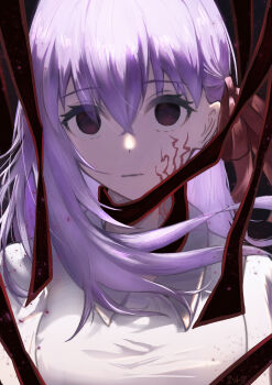 1girl absurdres blank_stare body_markings closed_mouth collared_shirt corruption dark_persona dark_sakura empty_eyes expressionless facial_mark fate/stay_night fate_(series) hair_ribbon heaven&#039;s_feel highres long_hair looking_at_viewer matou_sakura possessed red_eyes red_ribbon res_ssss ribbon shirt solo staring sweater_vest type-moon upper_body white_hair white_shirt white_sweater_vest