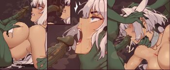 1girl 2boys absurdres angry blue_eyes blush breasts caenis_(fate) cave clenched_teeth collar commentary dark-skinned_female dark_skin defeat english_commentary erection fate/grand_order fate_(series) fellatio goblin group_sex highres indoors interspecies low_ponytail mmf_threesome multiple_boys oral penis ponytail rape short_hair tattoo tears teeth threesome todding tomboy uncensored white_hair