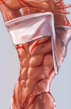 1boy abs absurdres arm_tattoo arms_up blonde_hair bottomless chest_tattoo commentary english_commentary grey_background highres honkai:_star_rail honkai_(series) male_focus muscular muscular_male mydei_(honkai:_star_rail) navel nipples pectorals peejdoodles red_hair see-through_clothes see-through_shirt shiny_skin shirt simple_background soap_bubbles solo tattoo twitter_username undressing wet white_shirt