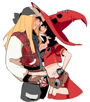 1boy 1girl assertive_female axl_low black_hair blonde_hair blue_eyes blush breast_press breasts cleavage fingerless_gloves flirting from_side gloves green_eyes guilty_gear hand_on_own_hip hat i-no jacket large_breasts long_hair looking_at_another midriff navel open_clothes open_jacket open_mouth pants short_hair smile witch_hat