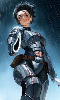 1girl abs belt black_hair bleeding blood blood_on_clothes green_eyes highres holding holding_knife knife looking_at_viewer mandalorian navel one_eye_closed original parted_lips rain robusta_mania second-party_source short_hair solo star_wars torn_clothes utility_belt