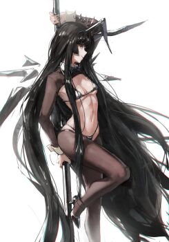 absurdres alternate_costume animal_ears arknights arm_up bikini black_bikini black_eyes black_hair black_nails black_shoes black_wings breasts brown_pantyhose brown_shrug collar commentary detached_wings energy_wings fake_animal_ears foot_out_of_frame gandy_(gan3e46) hair_over_shoulder high_heels highres holding holding_pole large_breasts long_hair long_sleeves looking_at_viewer making-of_available micro_bikini nail_polish navel pantyhose parted_lips pole pole_dancing rabbit_ears reverse_bunnysuit reverse_outfit shoes shrug_(clothing) simple_background solo stomach swimsuit very_long_hair virtuosa_(arknights) white_background white_collar wings