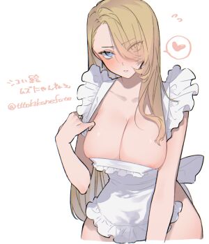 1girl apron apron_lift areola_slip blonde_hair blue_eyes blush breasts brown_dust_(series) brown_dust_2 cleavage closed_mouth clothes_lift commentary_request cropped_legs embarrassed eyebrows_hidden_by_hair flying_sweatdrops hair_between_eyes hair_over_one_eye heart highres large_breasts lips long_hair looking_at_viewer naked_apron simple_background solo spoken_heart tokikane_mikan twitter_username white_background wilhelmina_(brown_dust)