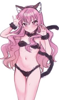 1girl animal_ear_fluff animal_ears armpits blush bra cat_ears cat_girl cat_lingerie cat_tail collarbone flat_chest highres kemonomimi_mode loli long_hair looking_at_viewer louise_francoise_le_blanc_de_la_valliere navel panties paw_pose pink_eyes pink_hair ribs skinny solo stomach tail takio_(kani_sama) underwear underwear_only unhappy wavy_hair zero_no_tsukaima