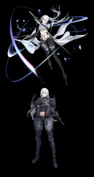 Rule 34 | 2girls, absurdres, ak-15, ak-15 (girls' frontline), android, arm blade, assault rifle, black background, black gloves, chinese commentary, commentary request, eyeshadow, frown, girls' frontline, gloves, grig (girls' frontline), gun, hair over one eye, highres, holding, holding gun, holding sword, holding weapon, kalashnikov rifle, knife sheath, leg armor, load bearing vest, looking at viewer, makeup, mechanical arms, mechanical legs, midriff peek, multiple girls, official art, ponytail, purple eyes, red eyeshadow, rifle, sangvis ferri, see-through clothes, sheath, sword, weapon, white hair, yellow eyes, yitiao er-hua