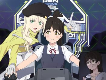 2girls aoyama_nagisa black-framed_eyewear black_hair blonde_hair blush ciel_(synduality) cockpit collarbone commentary_request controller game_controller glasses gloves green_eyes grey_gloves hair_down hat hazuki_ren high_ponytail holding holding_controller holding_game_controller laofuzi_dai_bansho long_hair love_live! love_live!_superstar!! multiple_girls multiple_views playing_games ponytail revision round_eyewear school_uniform smile summer_uniform synduality synduality_noir upper_body voice_actor_connection yellow_eyes yuigaoka_school_uniform yuri