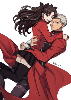 1boy 1girl :d absurdres archer_(fate) black_hair black_pants black_skirt black_thighhighs blue_eyes carrying carrying_person commentary_request dark-skinned_male dark_skin fate/stay_night fate_(series) grey_eyes highres miniskirt ohmoto_9 open_mouth pants red_shirt revision shirt skirt smile thighhighs tohsaka_rin turtleneck turtleneck_shirt twitter_username two_side_up watermark white_hair zettai_ryouiki
