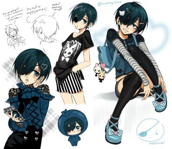 2boys absurdres bishounen black_shirt black_skirt black_thighhighs blue_eyes blue_hair ciel_phantomhive crossdressing dressing eyepatch highres jirai_kei kuroshitsuji male_focus multiple_boys sebastian_michaelis shirt shorts skirt striped_clothes striped_shorts thighhighs thighs vertical-striped_clothes vertical-striped_shorts wormy_owo