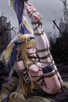 1girl a_tea arknights arms_behind_back bare_shoulders bdsm blonde_hair blue_eyes bondage bound bound_arms bound_legs braid breast_bondage breasts city cleave_gag cloth_gag elbow_gloves fog gag gagged gloves highres horns improvised_gag long_hair medium_breasts nipples one_eye_closed outdoors pointy_ears ruins saileach_(arknights) shibari skindentation soles stirrup_legwear thighhighs toeless_legwear twin_braids very_long_hair white_thighhighs