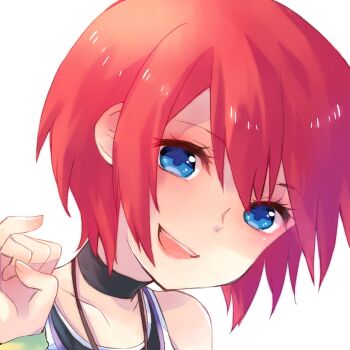 Rule 34 | 1girl, black choker, blue eyes, choker, collarbone, highres, jewelry, kairi (kingdom hearts), kingdom hearts, kingdom hearts i, looking at viewer, necklace, open mouth, red hair, short hair, simple background, smile, solo, white background, yuzuma (321353)