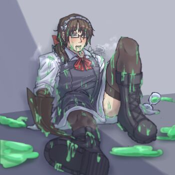 1boy absurdres alternate_costume arthropod_limbs artist_name beard_stubble black-framed_eyewear black-framed_glasses black_boots black_dress black_thighhighs blurry blush boots bow bowtie brown_hair collared_shirt crossdressing crossdressing_(mtf) cup dress drink drinking_glass dripping enmaided facial_hair foreshortening frilled_hairband frilled_sleeves frills full_body glass glasses gregor_(project_moon) hair_between_eyes hair_bow hair_ornament hair_ribbon hairband half-closed_eyes heavy_breathing highres lace-up_boots limbus_company liquid long_hair long_sleeves looking_down low_ponytail maid maid_headdress male_focus male_maid neck_ribbon on_floor parted_bangs parted_lips petticoat photoshop_(medium) pinafore_dress ponytail pouring project_moon puddle red_bow red_bowtie red_ribbon ribbon semi-rimless_eyewear sexually_suggestive shirt signature simple_background sitting sleeveless sleeveless_dress sleeves_rolled_up slime_(substance) solo spill spilling spread_legs steam stubble suggestive_fluid thighhighs under-rim_eyewear wet wet_clothes wet_hair white_bow white_shirt wine_glass yellow_eyes