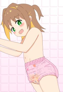 1girl absurdres aged_down blonde_hair blush brown_hair diaper diaper_only female_focus green_eyes highres loli looking_at_viewer multicolored_hair navel oka_asahi onii-chan_wa_oshimai! open_mouth pee pee_stain peeing peeing_diaper peeing_self pink_diaper print_diaper pull-up_diaper shadow short_hair solo standing u3042u3044u3046u3048u51a0 underwear wet_diaper