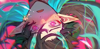 1boy black_hair blue_hair blush commentary_request dan_heng_(honkai:_star_rail) dan_heng_(imbibitor_lunae)_(honkai:_star_rail) dragon_horns ear_blush floating_hair heart heart-shaped_pupils highres honkai:_star_rail honkai_(series) horns long_pointy_ears looking_at_viewer male_focus multicolored_hair pink_eyes pointy_ears red_background ruri_r_rikka short_sideburns solo sweat symbol-shaped_pupils