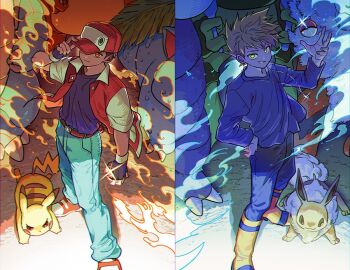 Rule 34 | 2boys, alakazam, arcanine, blastoise, blue oak, boots, brown hair, charizard, dandalian, denim, eevee, exeggutor, fingerless gloves, from above, gen 1 pokemon, gloves, green eyes, hand on own hip, hat, holding, holding poke ball, jeans, long sleeves, looking at viewer, multiple boys, nintendo, pants, pikachu, poke ball, pokemon, pokemon (creature), pokemon rgby, red (pokemon), red eyes, shirt tucked in, short sleeves, smile, smirk, smoke, spiked hair, venusaur