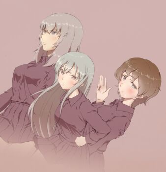 Rule 34 | 3girls, akaboshi koume, blue eyes, brown eyes, brown hair, commentary request, dress shirt, girls und panzer, girls und panzer little army, grey hair, hands on own hips, highres, itsumi erika, kuromorimine military uniform, long hair, looking at viewer, military, military uniform, miniskirt, mityubi, multiple girls, no jacket, pleated skirt, red shirt, red skirt, sheska (girls und panzer), shirt, short hair, skirt, smile, standing, waving, wavy hair