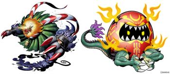 Rule 34 | cloak, cloud, commentary request, daruma doll, darumamon, digimon, digimon (creature), dragon, egg, electricity, full body, green cloak, horns, lion, no humans, official art, shishimamon, simple background, single horn, white background