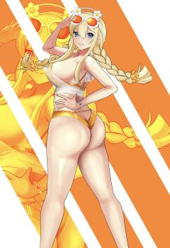 1girl absurdres ass bare_shoulders bikini blonde_hair blue_eyes blush braid breasts closed_mouth eyewear_on_head flower goddess_of_victory:_nikke hair_flower hair_ornament highres large_breasts long_hair official_alternate_costume orange-tinted_eyewear orange_bikini sideboob smile solo sunglasses swimsuit tinted_eyewear tove_(nikke) tove_(sunblaze)_(nikke) twin_braids twintails white-framed_eyewear yahaagiii