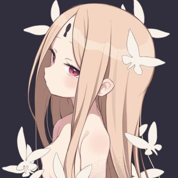 1girl abigail_williams_(fate) blonde_hair breasts bug butterfly commentary_request fate/grand_order fate_(series) gamuo grey_background insect keyhole long_hair looking_at_viewer nude parted_bangs red_eyes simple_background small_breasts solo upper_body white_butterfly