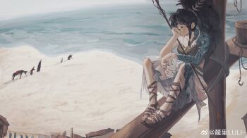 1girl absurdres arm_tattoo beach black_hair blue_skirt bra brown_bra brown_footwear donkey expressionless fish highres luli_(crocowolf333) multiple_others original outdoors ponytail sand sandals sitting skirt tattoo underwear watermark weibo_watermark
