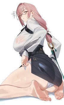 1girl absurdres ass bare_legs barefoot blush breasts earrings feet from_behind glasses headband high-waist_skirt highres hourglass_earrings jewelry large_breasts legs looking_at_viewer looking_back panties pencil_skirt pink_eyes pink_hair ring_hair_ornament skirt soles solo toes tsukishiro_yanagi twentytwo_(twenty_zwei) underwear undressing wedgie yellow_headband zenless_zone_zero