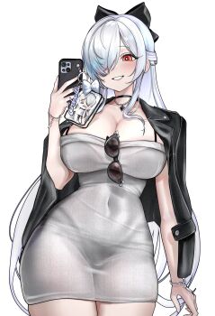 Rule 34 | 1girl, breasts, bright pupils, cellphone charm, character charm, charm (object), cinderella (beautiful me) (nikke), cinderella (nikke), cleavage, commentary, covered navel, dongtan dress, dress, eyewear hang, goddess of victory: nikke, grey dress, grey hair, hair over one eye, heart, heart necklace, highres, holding, holding phone, jacket, jacket on shoulders, jewelry, large breasts, mirror selfie, molar breaker, necklace, official alternate hairstyle, one eye covered, panties visible through clothes, phone, red eyes, ribbon-trimmed sweater, selfie, simple background, smile, solo, taut clothes, taut dress, unworn eyewear, white background, white pupils