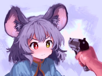Rule 34 | 1girl, absurdres, animal ear fluff, animal ears, at gunpoint, blue capelet, blush, capelet, closed mouth, flandzen, grey hair, gun, gun to head, handgun, heterochromia, highres, holding, holding gun, holding weapon, looking at object, mouse ears, nazrin, pov, pov hands, red eyes, shirt, short hair, threat, touhou, upper body, weapon, yellow eyes